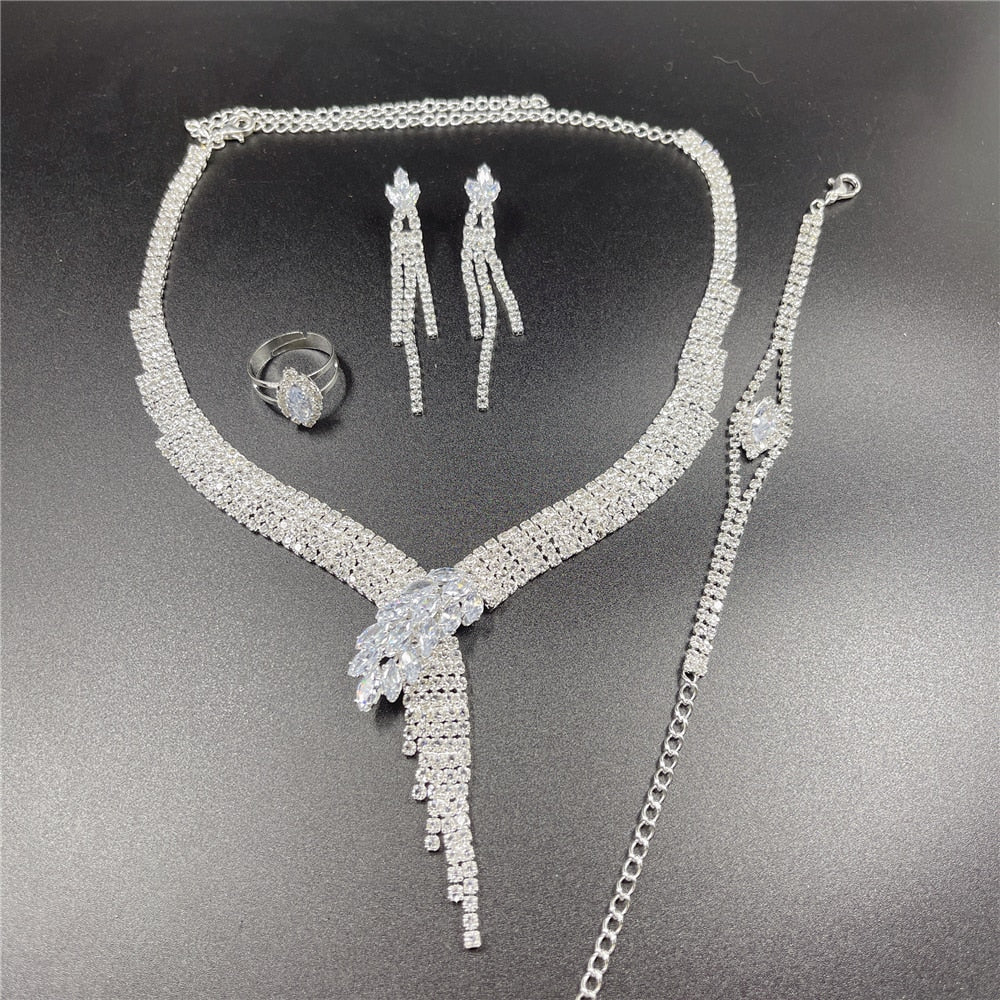 Silver Color Rhinestone Crystal Bridal Jewelry Set Earrings Necklace Wedding Geometric Elegant Romantic Bridesmaid Jewelry Sets - Weibrexx
