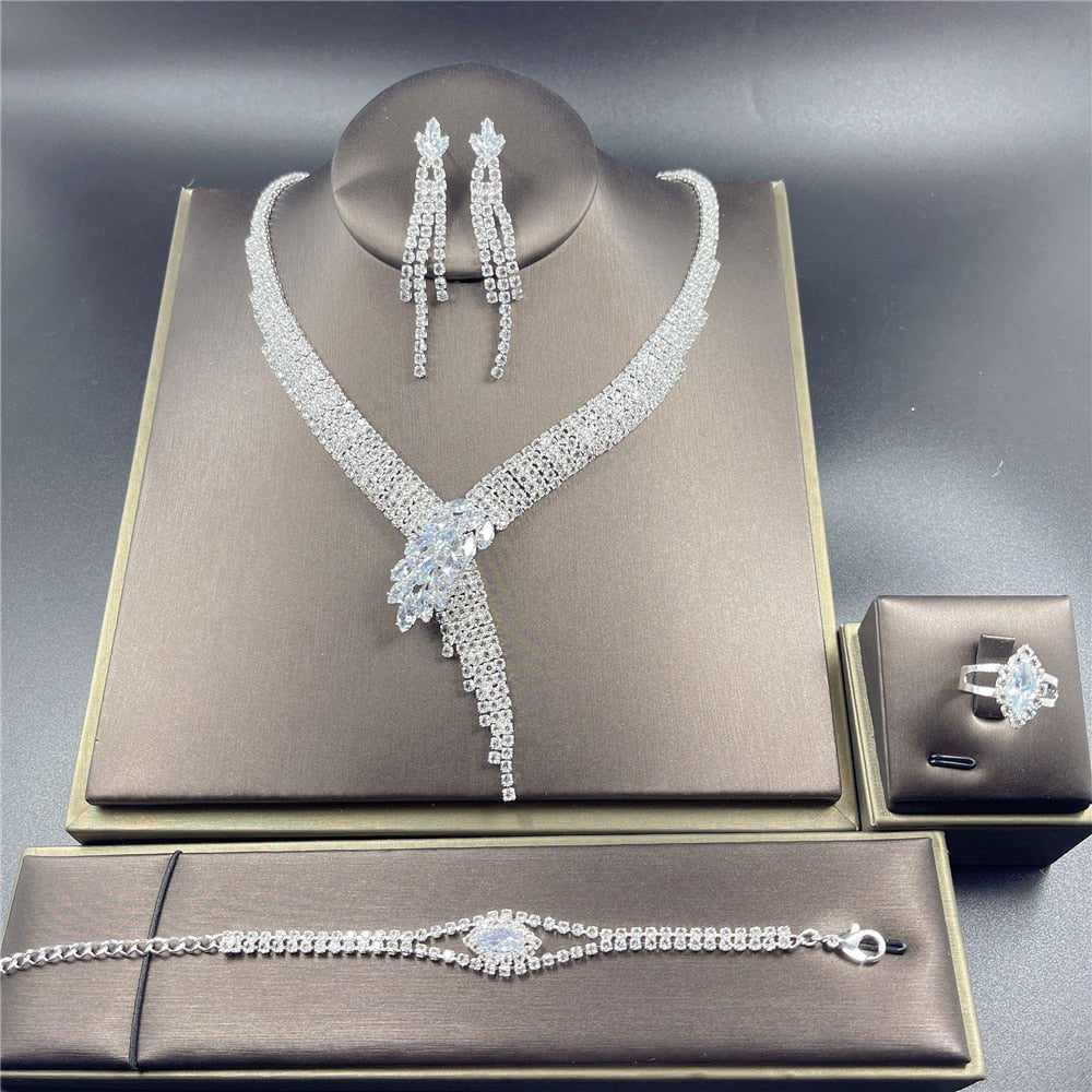 Silver Color Rhinestone Crystal Bridal Jewelry Set Earrings Necklace Wedding Geometric Elegant Romantic Bridesmaid Jewelry Sets - Weibrexx