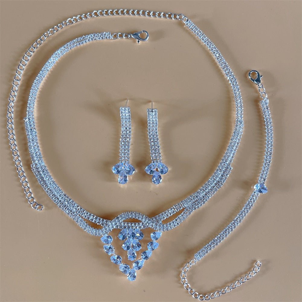 Silver Color Rhinestone Crystal Bridal Jewelry Set Earrings Necklace Wedding Geometric Elegant Romantic Bridesmaid Jewelry Sets - Weibrexx