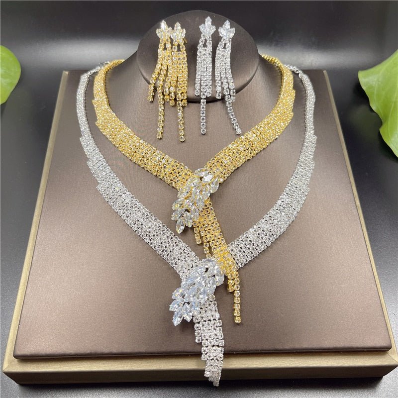 Silver Color Rhinestone Crystal Bridal Jewelry Set Earrings Necklace Wedding Geometric Elegant Romantic Bridesmaid Jewelry Sets - Weibrexx