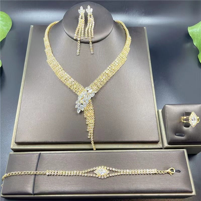 Silver Color Rhinestone Crystal Bridal Jewelry Set Earrings Necklace Wedding Geometric Elegant Romantic Bridesmaid Jewelry Sets - Weibrexx
