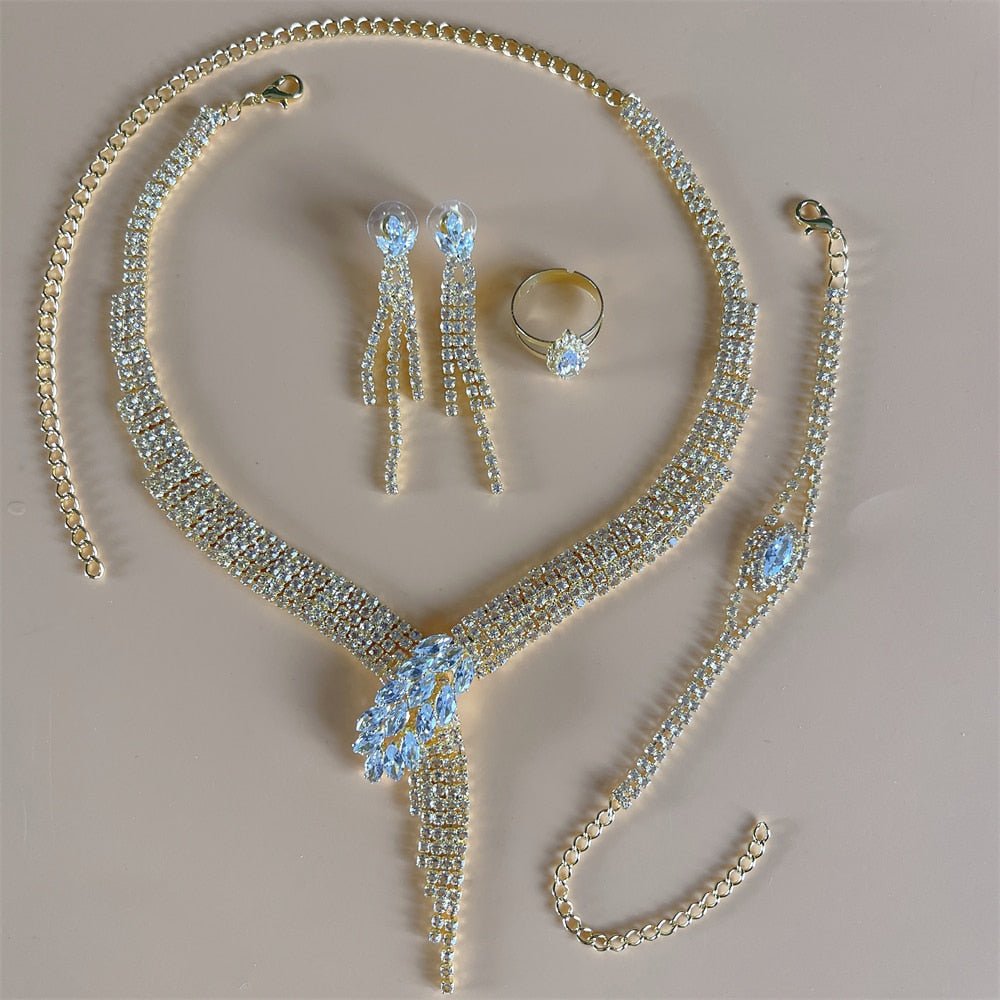 Silver Color Rhinestone Crystal Bridal Jewelry Set Earrings Necklace Wedding Geometric Elegant Romantic Bridesmaid Jewelry Sets - Weibrexx